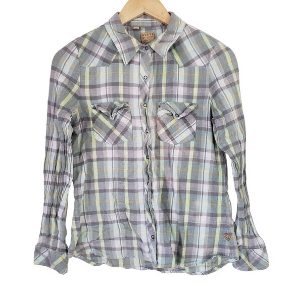 Guess Womens Plaid Button Up Shirt Size S Long Sleeve Western Preppy Chic Casual - Picture 1 of 6